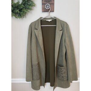Solitaire Womens Size M Green Velour Open Front Jacket Crochet Pockets